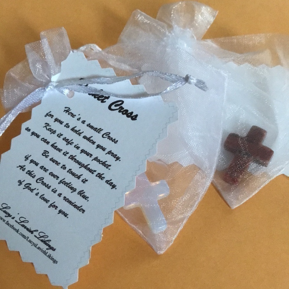 POCKET CROSS in Sheer White Sachet Pouch w/Poem—Miniature Gemstones—Two